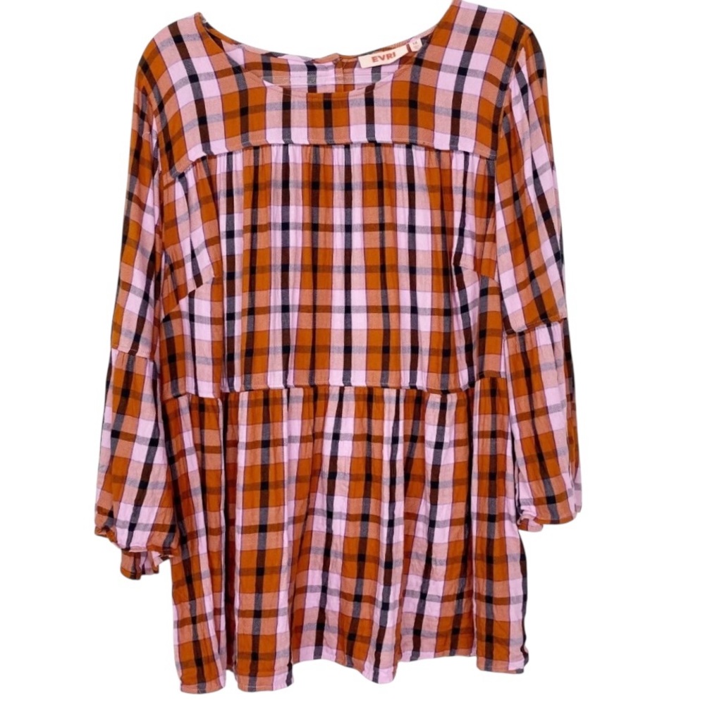 Evri Plaid Pink Orange Tiered Cotton Modal Blouse Size 1X